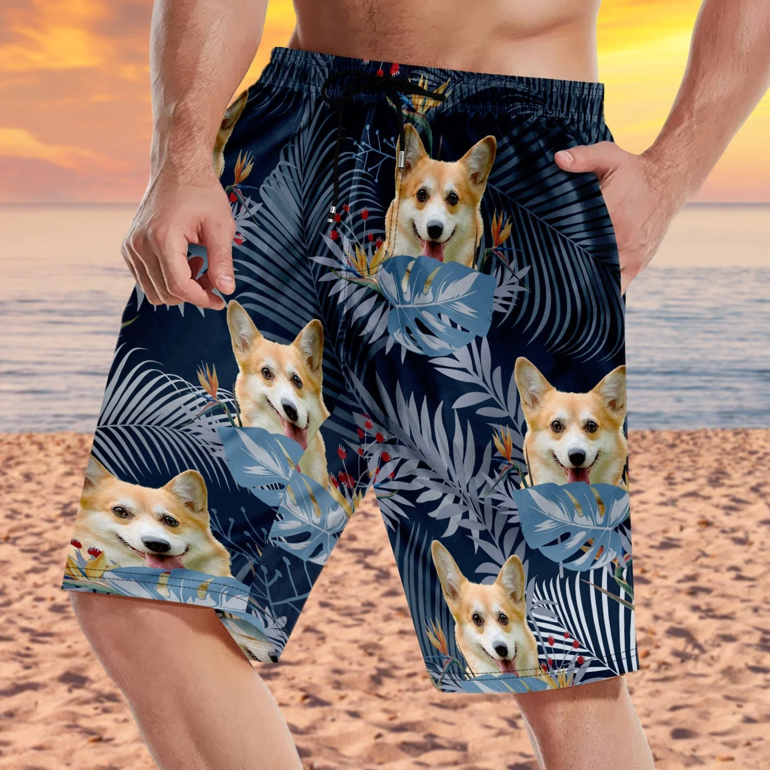Custom Photo Funny Family Pet Face Tropical Leaf - Funny Gift For Pet Lovers- Personalized Unisex Beach Shorts - Image 3