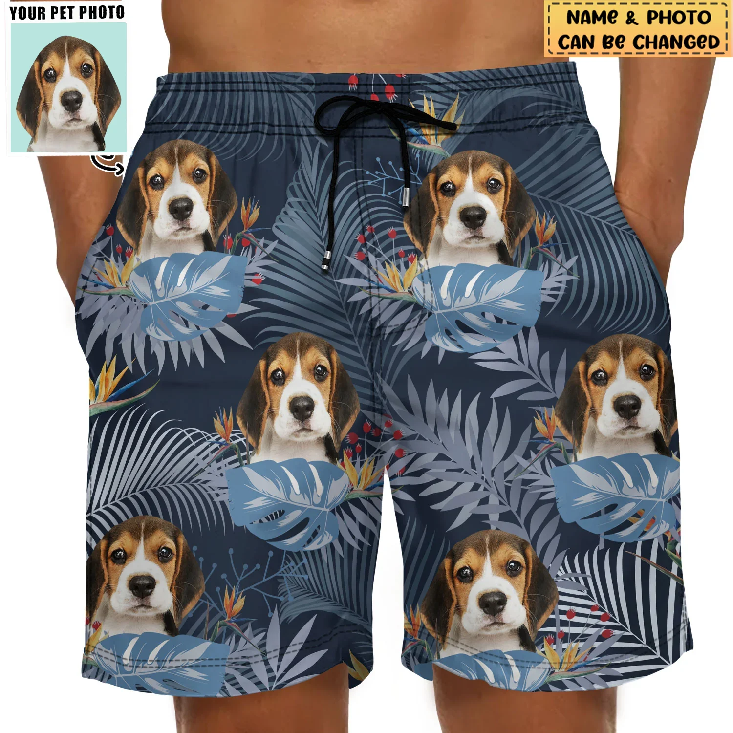 Custom Photo Funny Family Pet Face Tropical Leaf - Funny Gift For Pet Lovers- Personalized Unisex Beach Shorts - Image 7