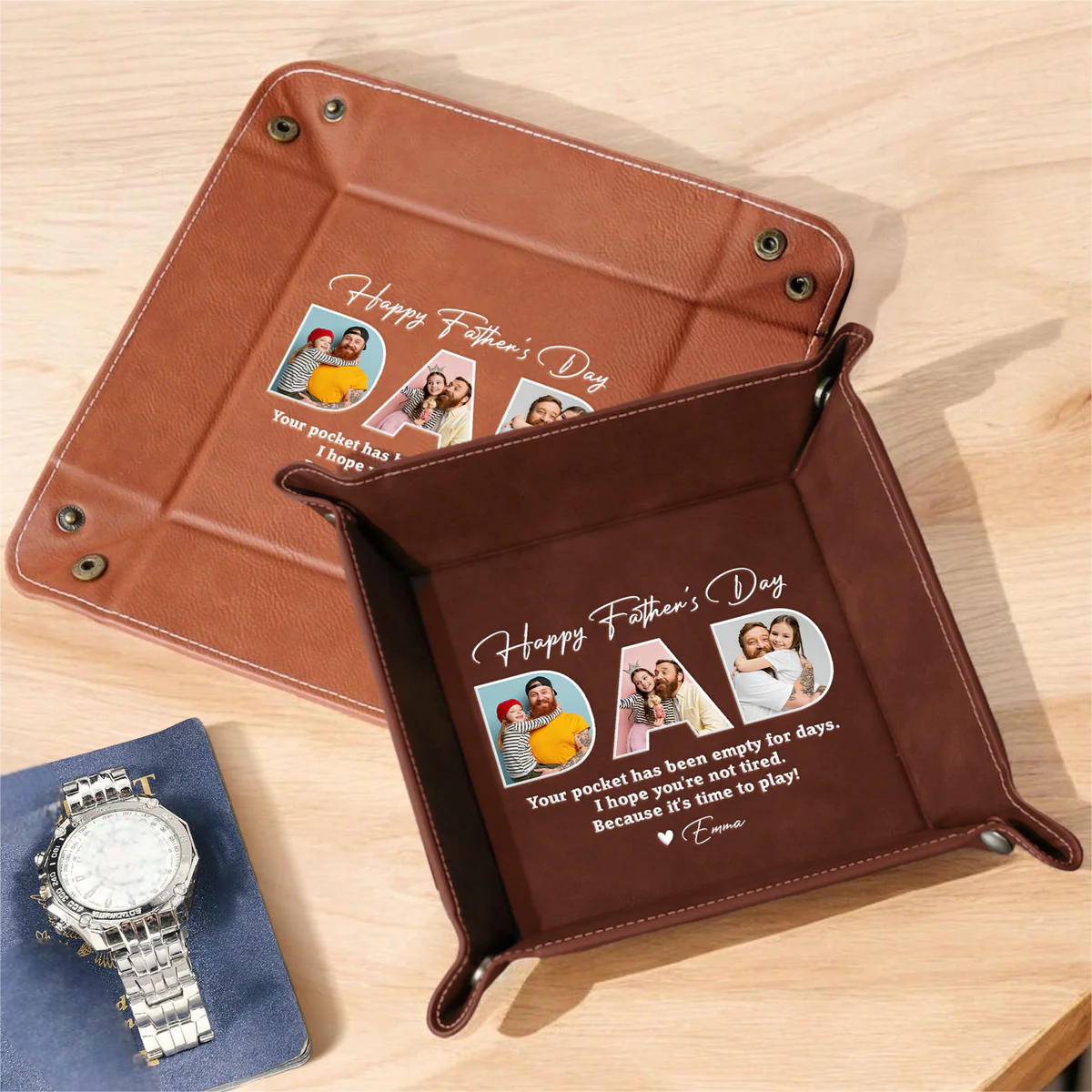 Custom Photo Happy Father's Day Family Personalized Leather Valet Tray - Image 4
