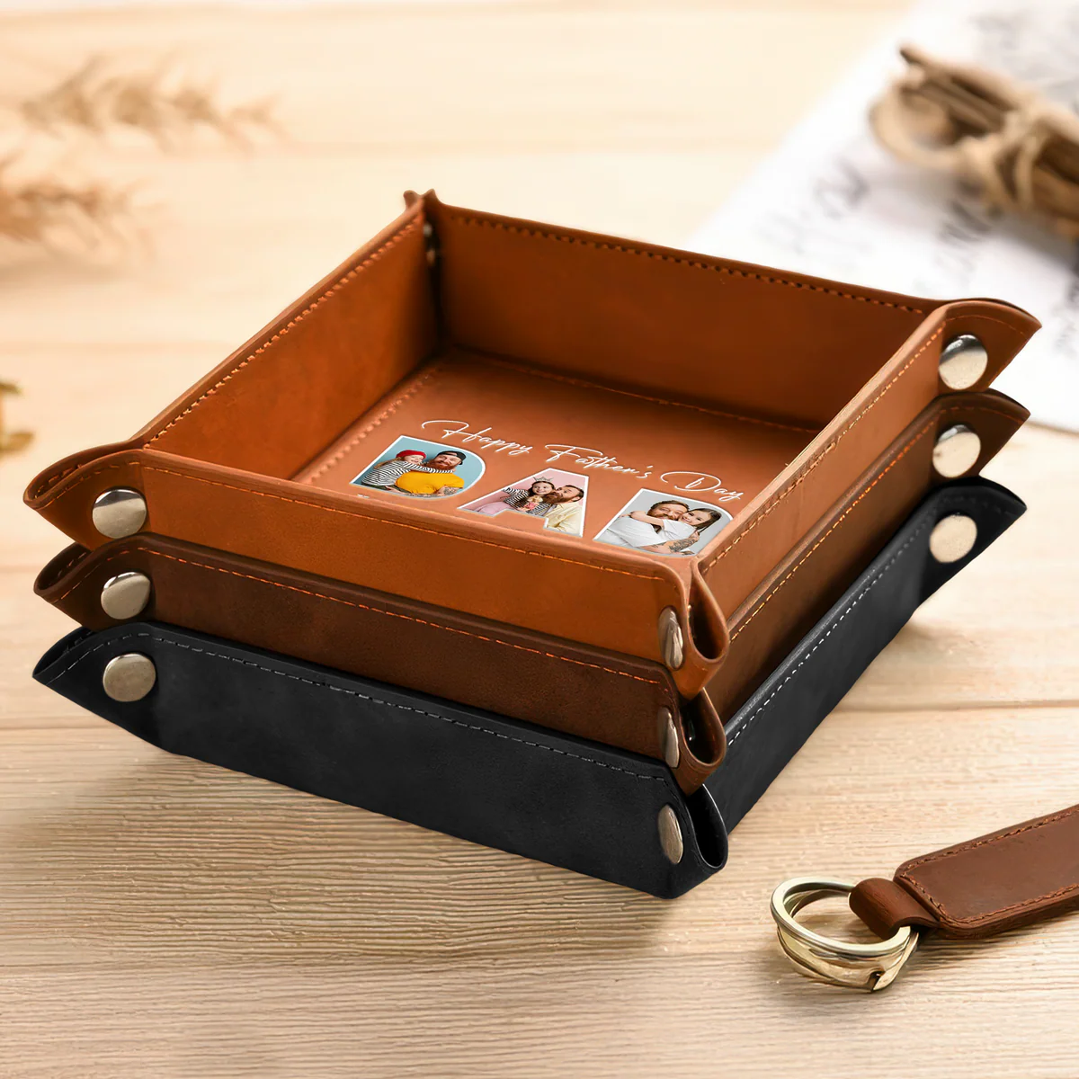 Custom Photo Happy Father's Day Family Personalized Leather Valet Tray - Image 5