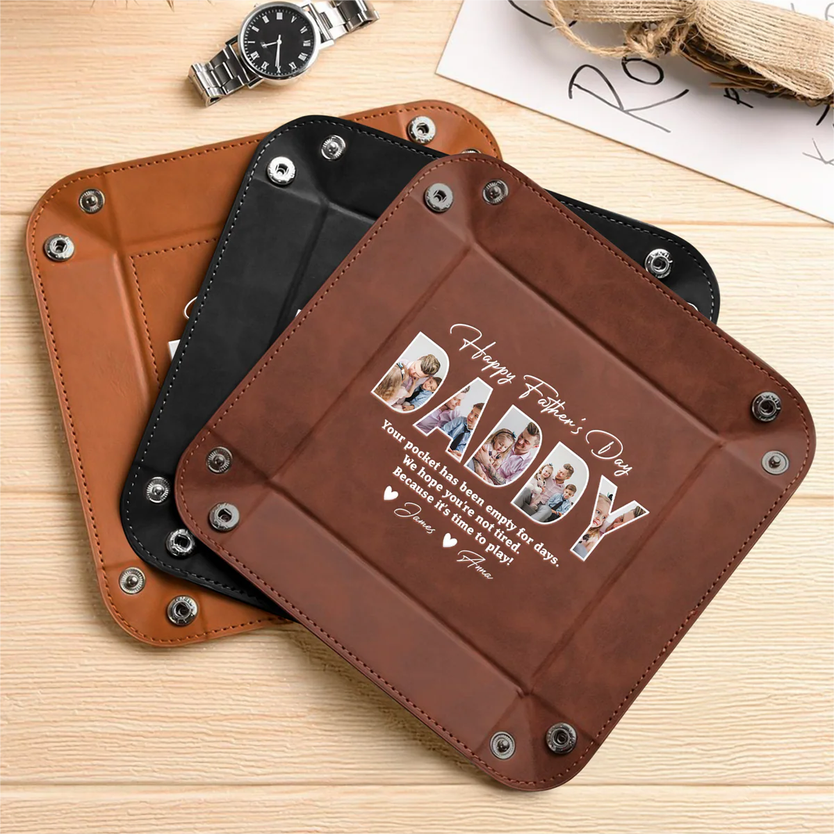 Custom Photo Happy Father's Day Family Personalized Leather Valet Tray - Image 6