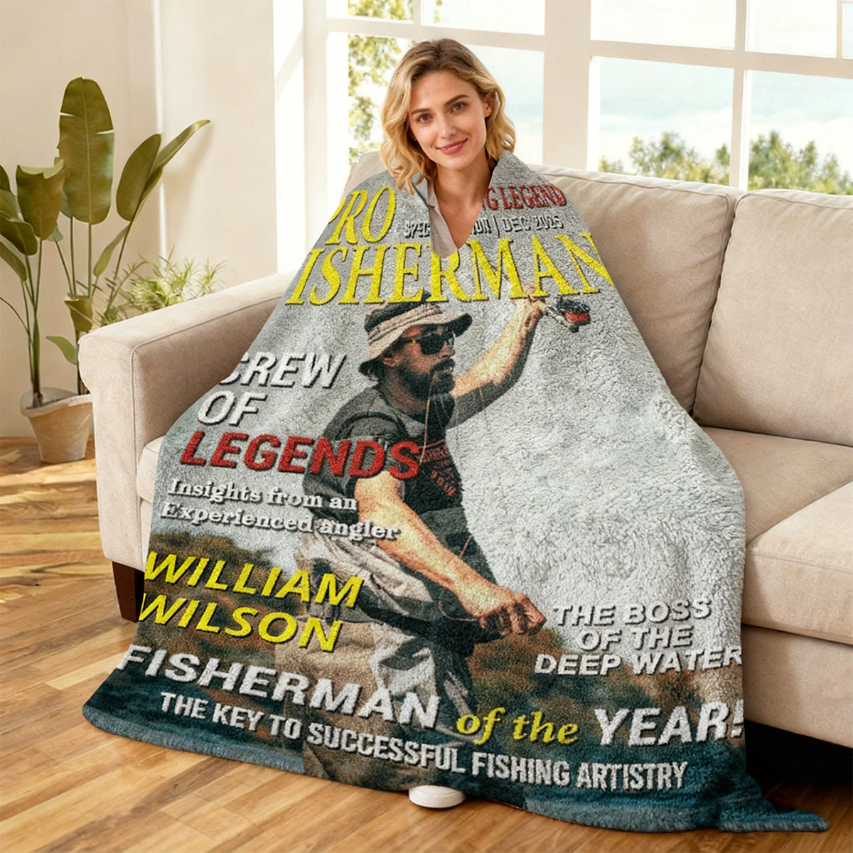 Custom Photo Hooked On Greatness Fishing Magazine Cover Blanket, Personalized Fishing Gifts for Men, Funny Gift for Fisherman - Image 2