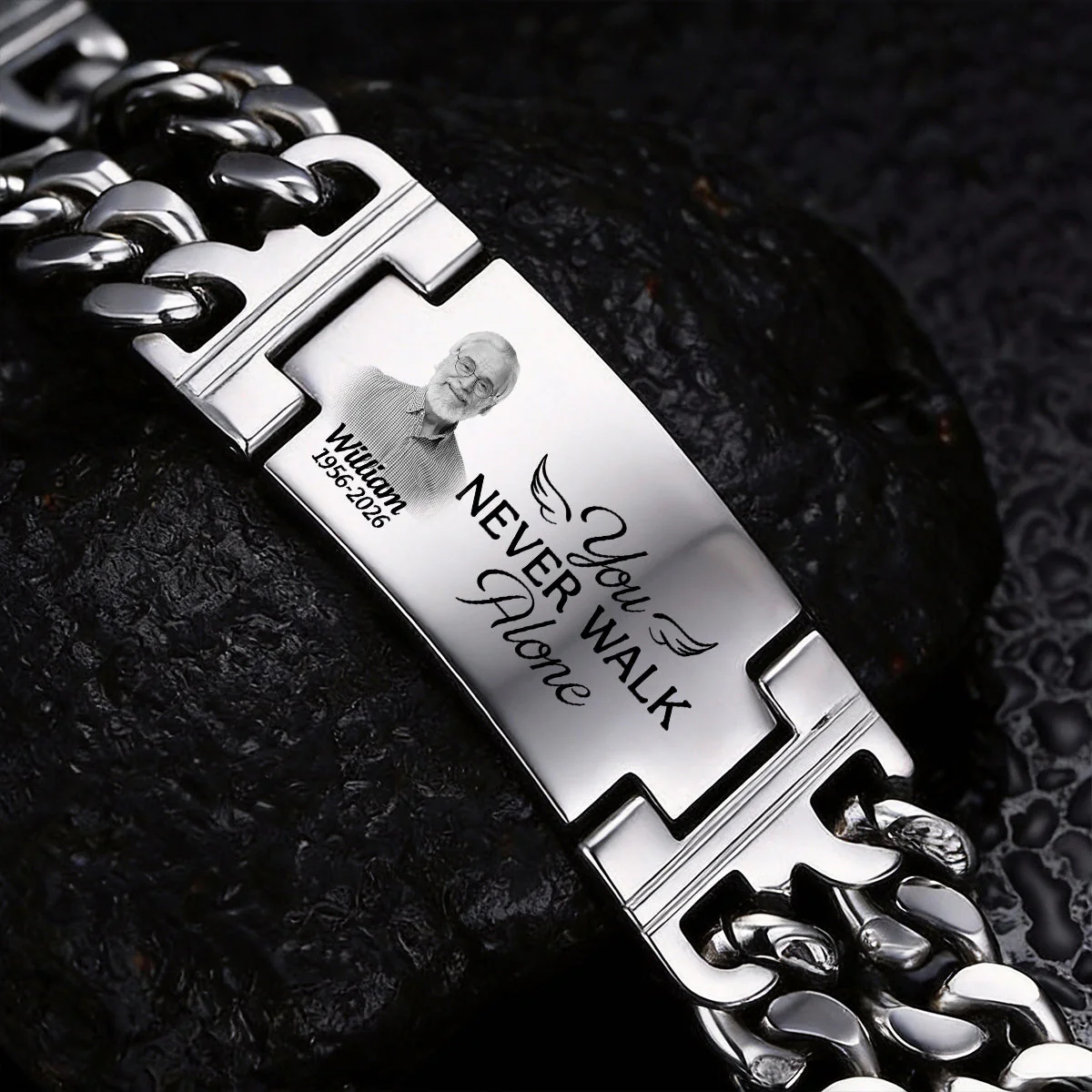 Custom Photo You Never Walk Alone Memorial - Personalized Engraved Bracelet Double Chain
