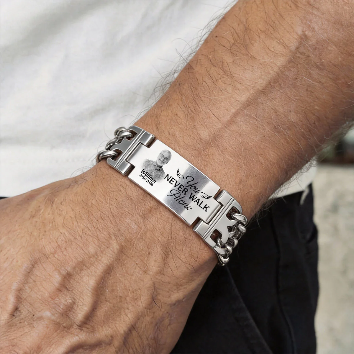 Custom Photo You Never Walk Alone Memorial - Personalized Engraved Bracelet Double Chain - Image 2