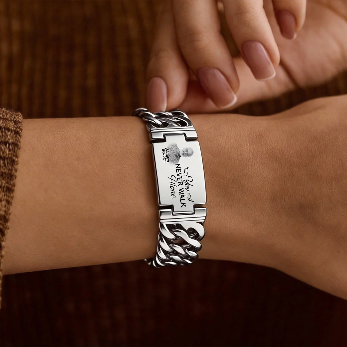 Custom Photo You Never Walk Alone Memorial - Personalized Engraved Bracelet Double Chain - Image 3
