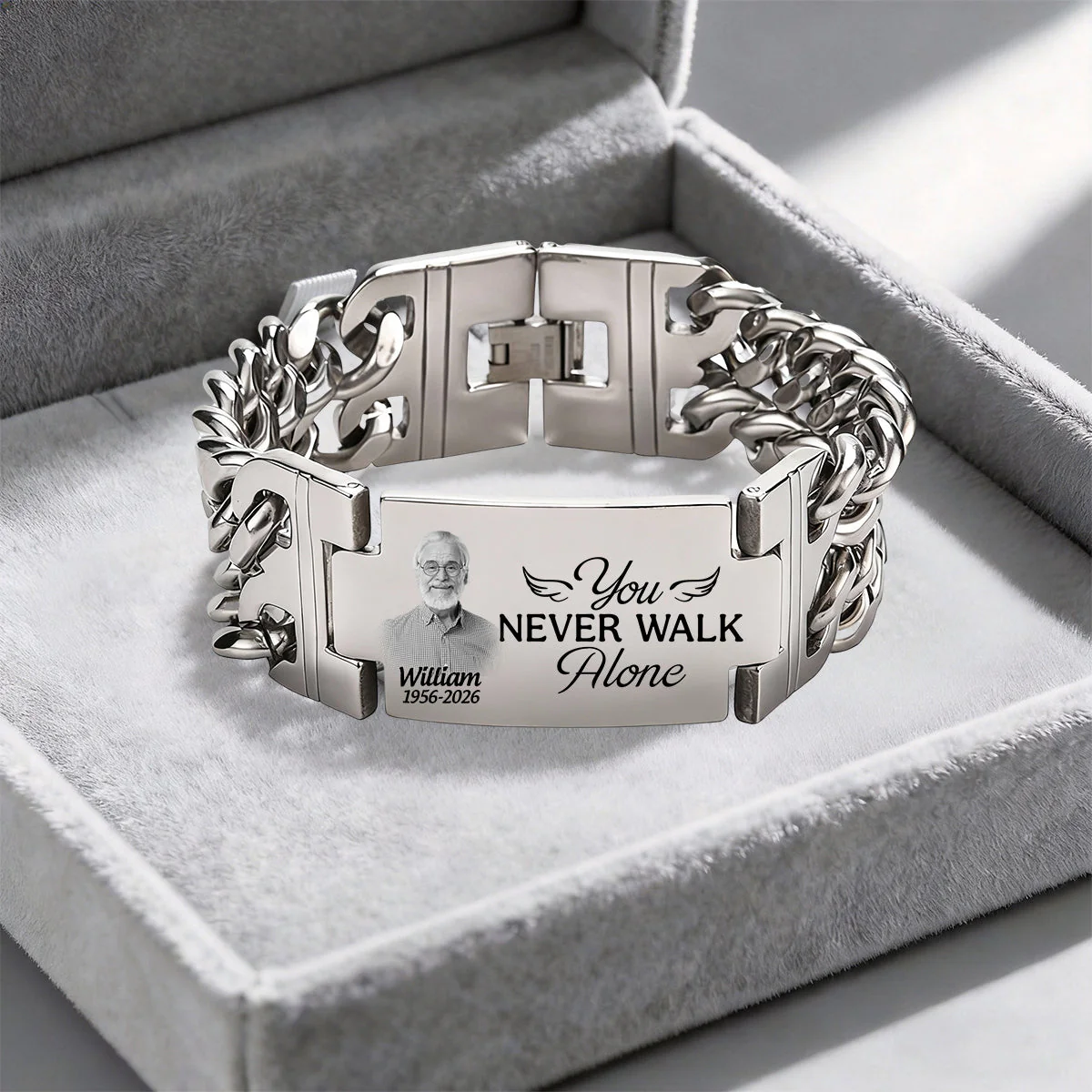 Custom Photo You Never Walk Alone Memorial - Personalized Engraved Bracelet Double Chain - Image 5