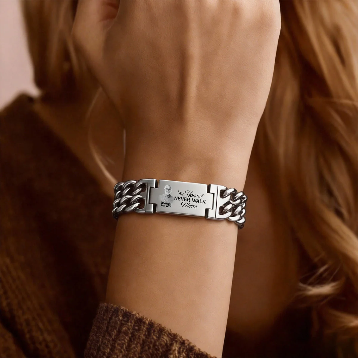Custom Photo You Never Walk Alone Memorial - Personalized Engraved Bracelet Double Chain - Image 8