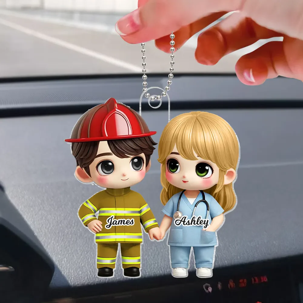 Cute Cartoon Couple Gift by Occupation Gift, Personalized Acrylic Car Ornament - Image 2