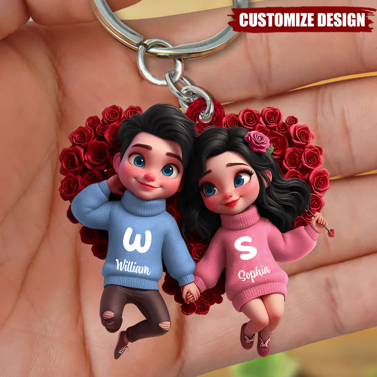 Cute Cartoon Couple Hand In Hand Personalized Car Keychain, Gift for him, her - Image 2