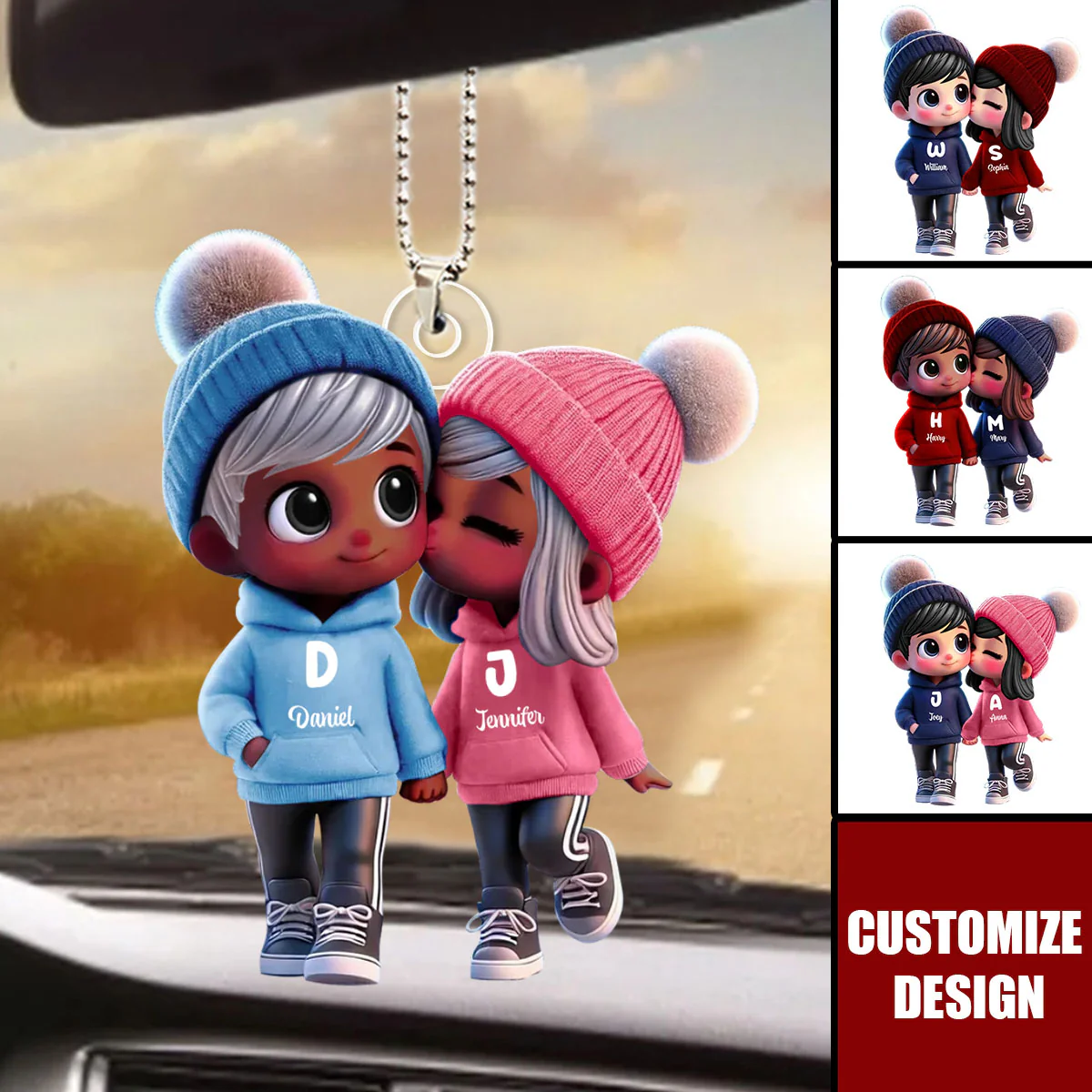 Cute Cartoon Couple Walking Personalized Car Ornament, Gift for him, her - Image 3