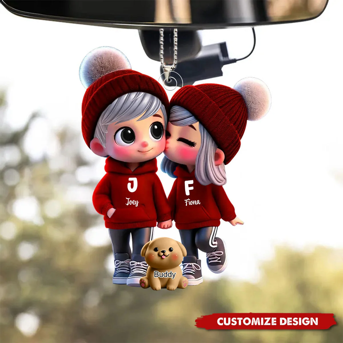 Cute Cartoon Couple You Me And The Dog Cat Personalized Car Ornament, Gift For Him, Her - Image 2