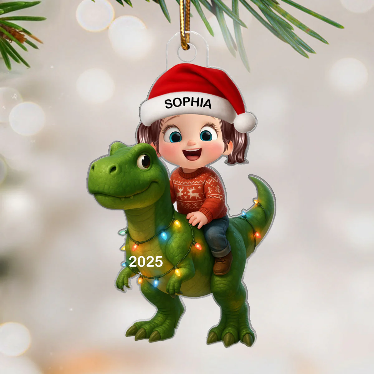 Cute Cartoon Kid With Dinosaur Christmas Personalized Flat Acrylic Ornament, Fun & Unique Gift For Kids, Grandkids - Image 2