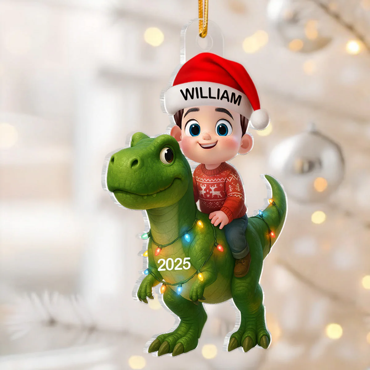 Cute Cartoon Kid With Dinosaur Christmas Personalized Flat Acrylic Ornament, Fun & Unique Gift For Kids, Grandkids - Image 3