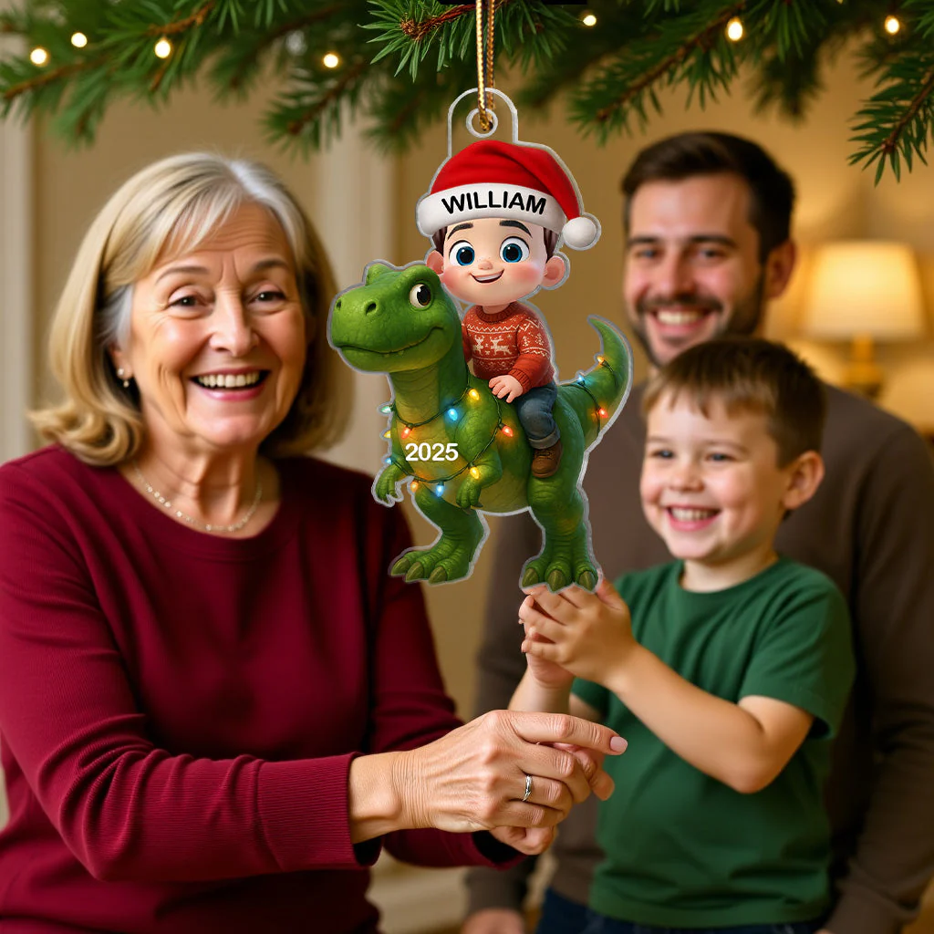 Cute Cartoon Kid With Dinosaur Christmas Personalized Flat Acrylic Ornament, Fun & Unique Gift For Kids, Grandkids - Image 6