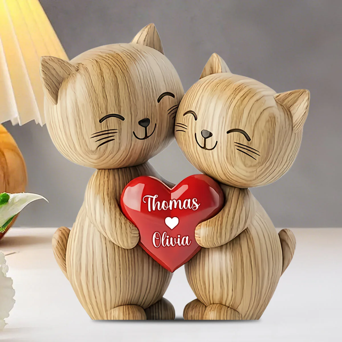 Cute Cat Couple - Personalized Cat Heart Custom Shaped Acrylic Plaque - Image 2