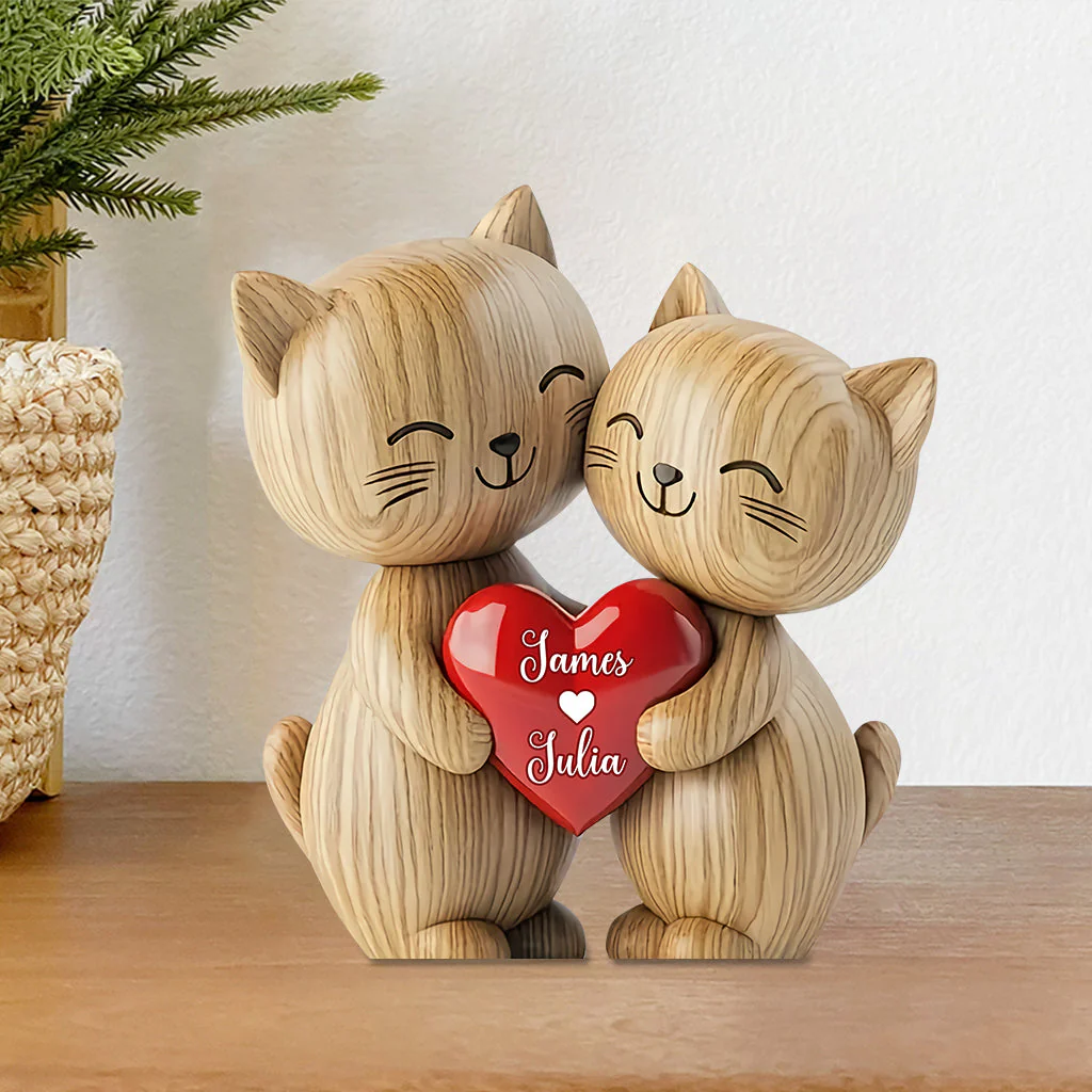 Cute Cat Couple - Personalized Cat Heart Custom Shaped Acrylic Plaque - Image 3