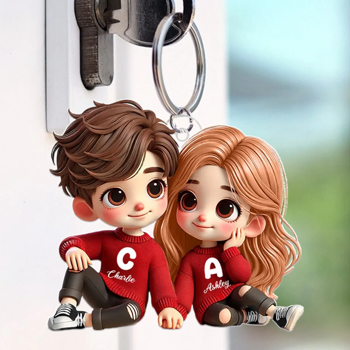 Cute Couple Sitting Together Personalized Acrylic Keychain,Gift for him, her - Image 2