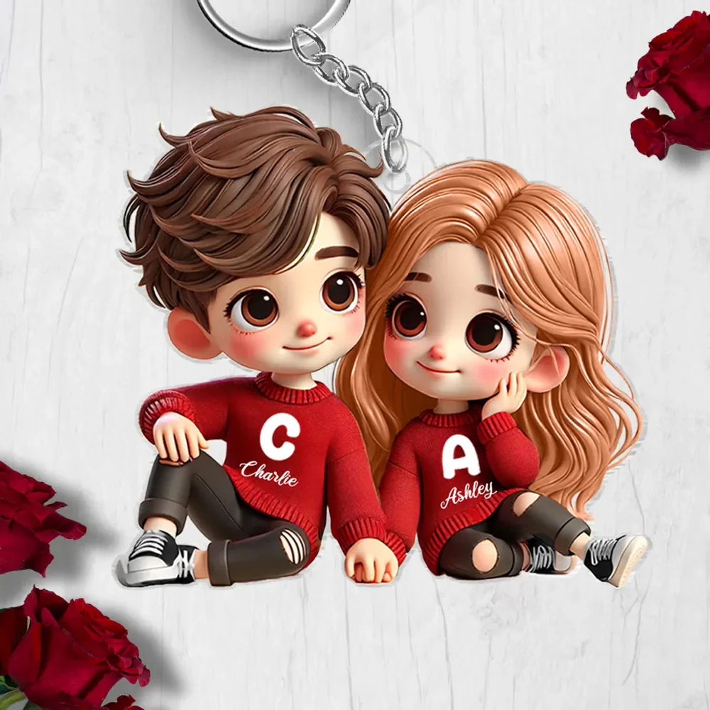 Cute Couple Sitting Together Personalized Acrylic Keychain,Gift for him, her - Image 3
