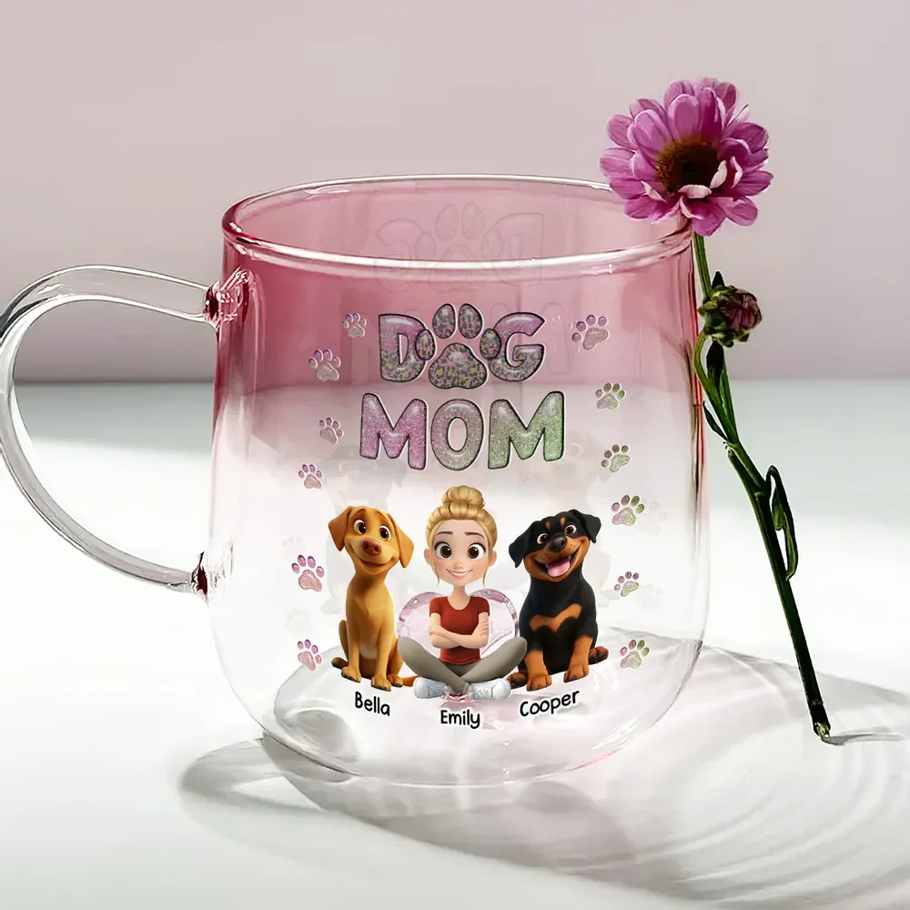 Dog Mom Lovely Cartoon - Personalized Custom Pink Gradient Glass Mug - Image 2