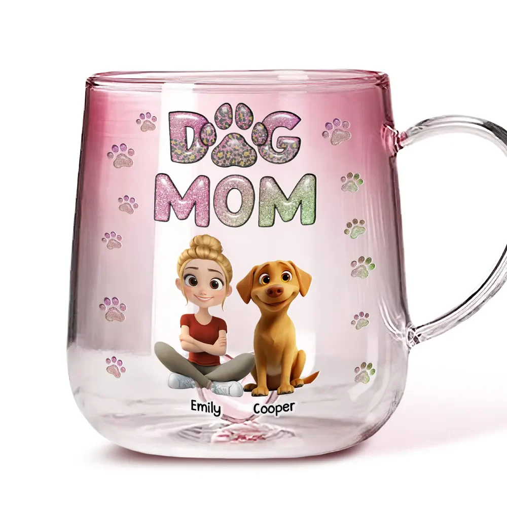 Dog Mom Lovely Cartoon - Personalized Custom Pink Gradient Glass Mug - Image 3