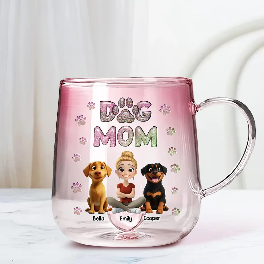 Dog Mom Lovely Cartoon - Personalized Custom Pink Gradient Glass Mug - Image 4