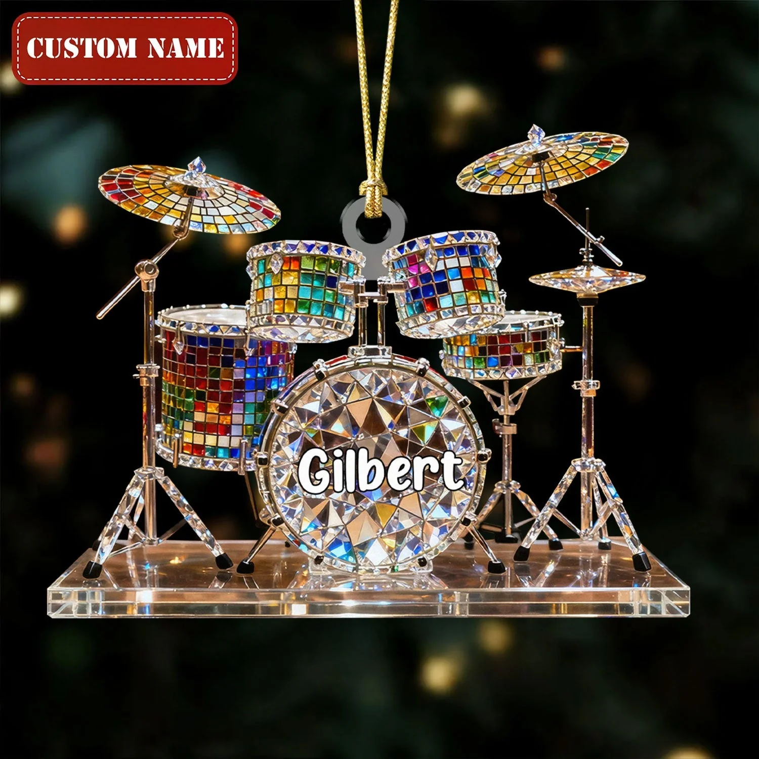Drum Set Custom Name Stained Glass Effect Acrylic Christmas Ornament, Presents For Drummers - Image 3