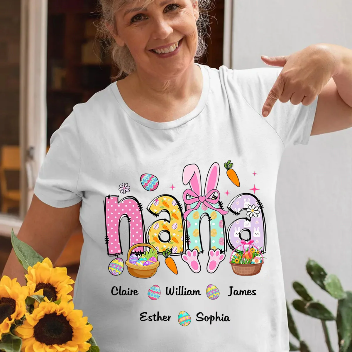 Easter Bunny Coquette Bow Gift For Family, Personalized Grandma And Kids T-Shirt - Image 3