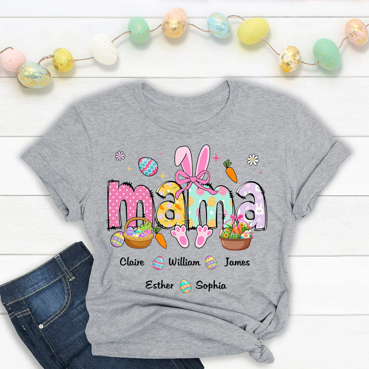 Easter Bunny Coquette Bow Gift For Family, Personalized Grandma And Kids T-Shirt - Image 4