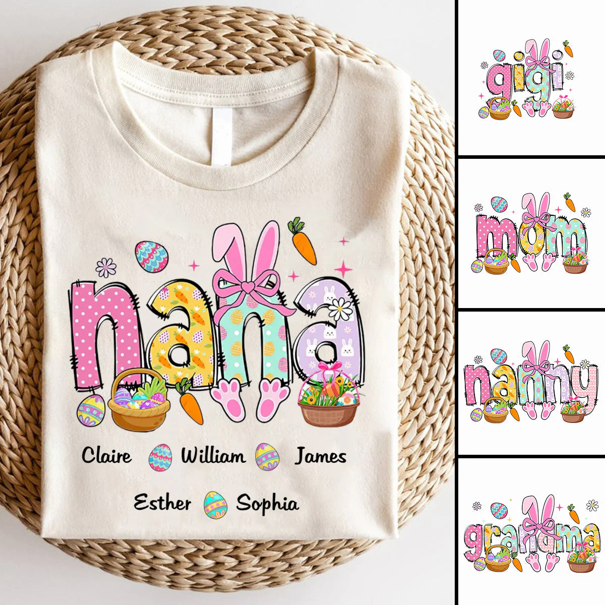 Easter Bunny Coquette Bow Gift For Family, Personalized Grandma And Kids T-Shirt - Image 5