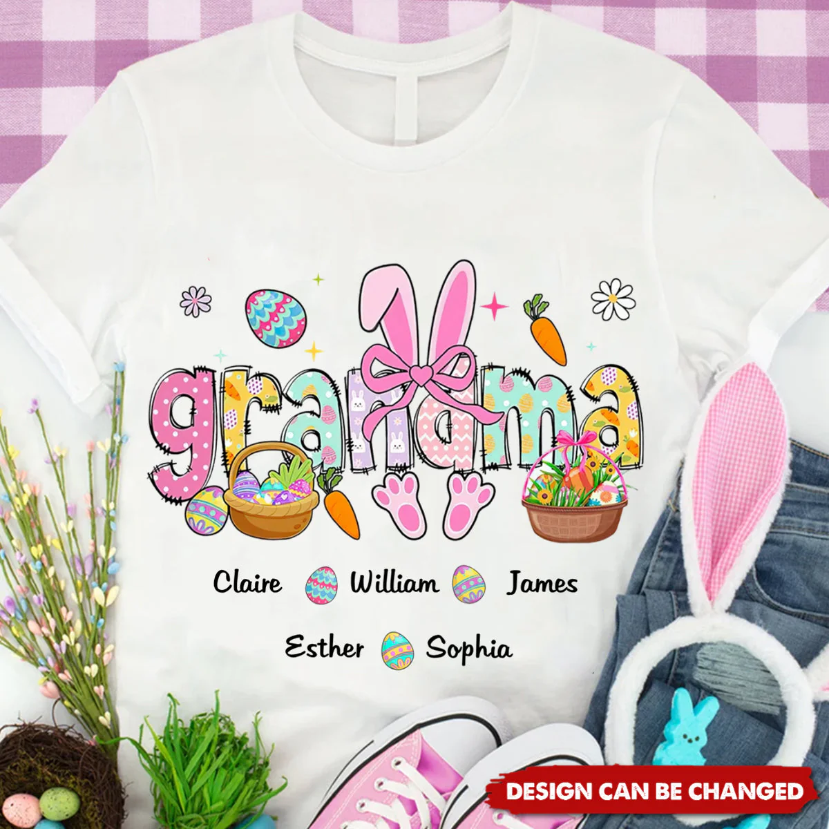 Easter Bunny Coquette Bow Gift For Family, Personalized Grandma And Kids T-Shirt - Image 6