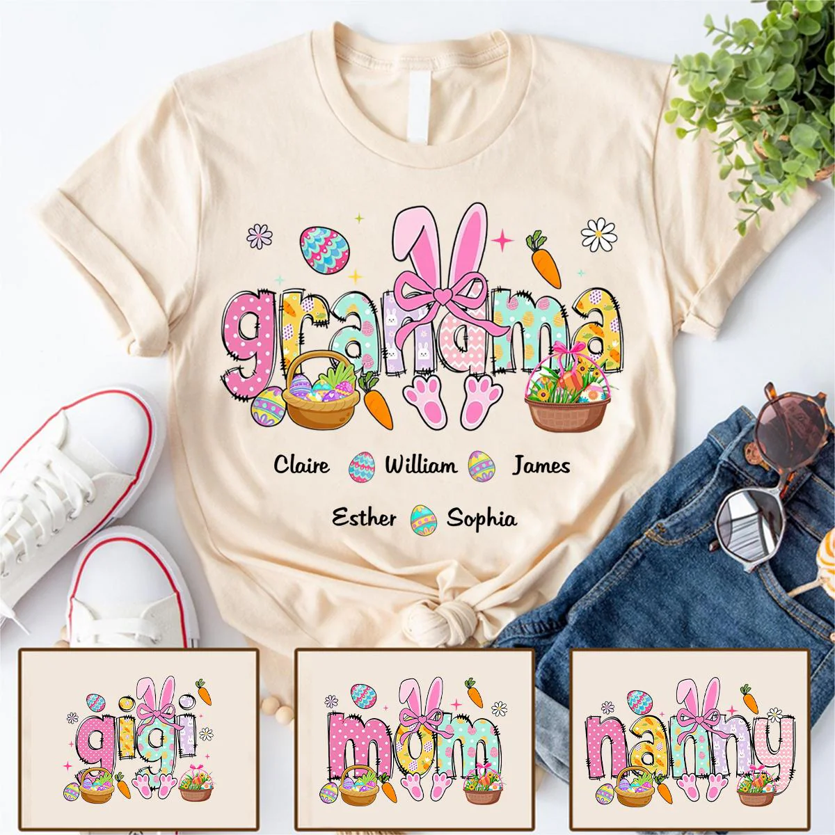 Easter Bunny Coquette Bow Gift For Family, Personalized Grandma And Kids T-Shirt - Image 7