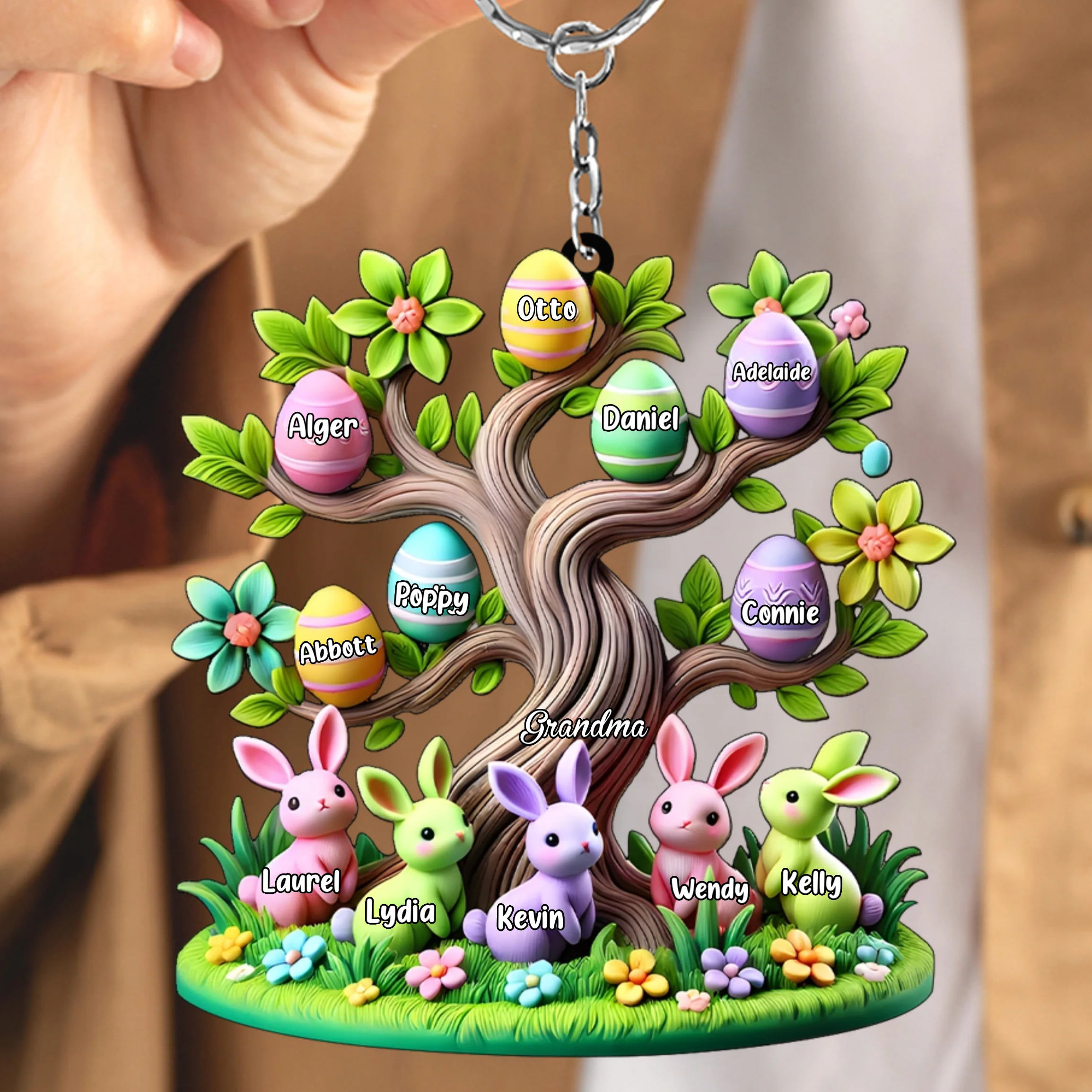 Easter Grandma Bunny Egg Tree Personalized Acrylic Keychain - Image 3