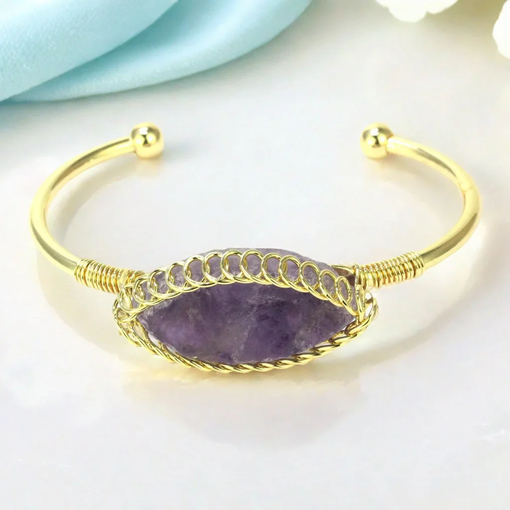 Elegant Amethyst Gold Cuff Bracelet For Her - Image 7