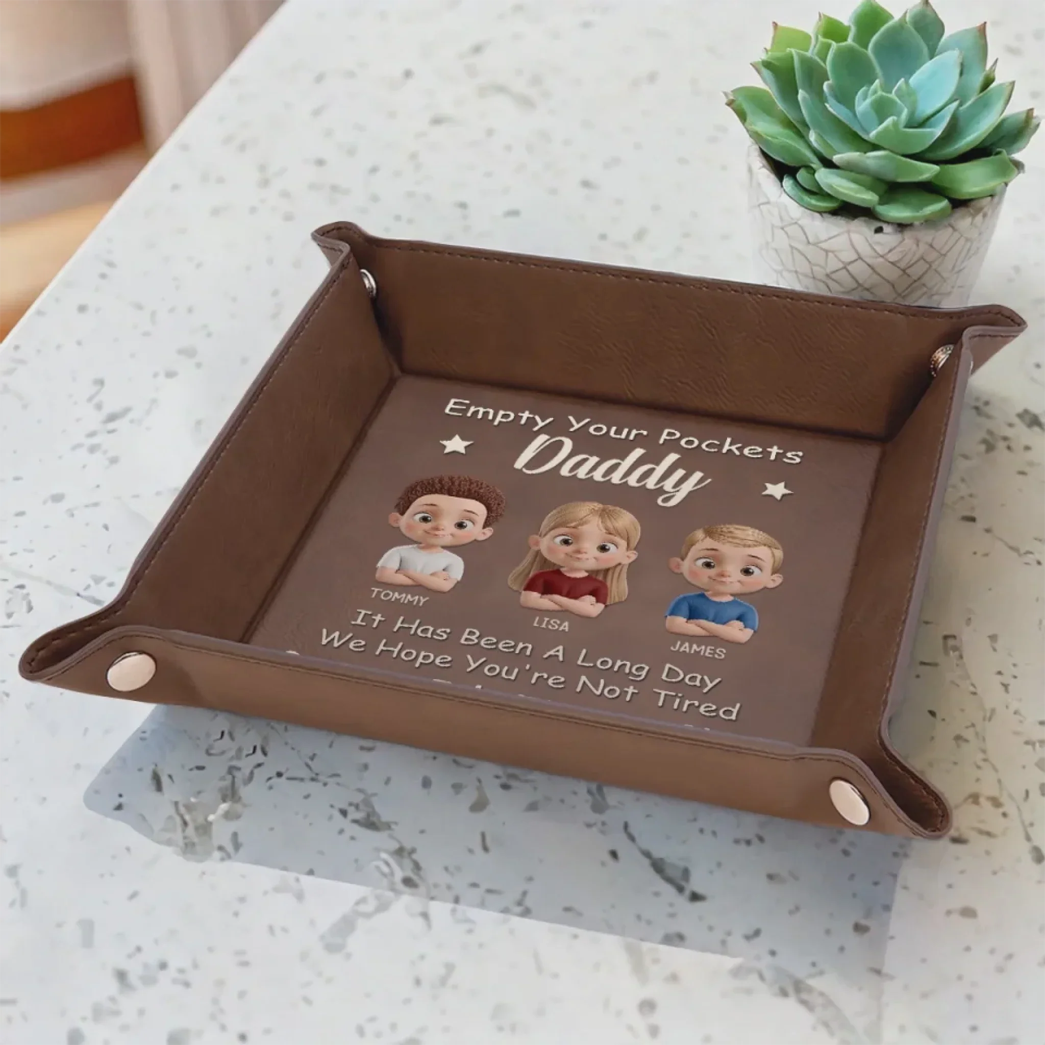 Empty Your Pockets, Fill Our Hearts - Family Personalized Leather Valet Tray Gift For Dad, Grandpa - Image 4