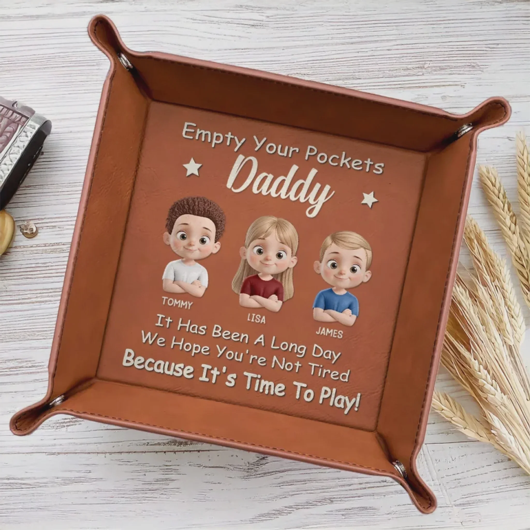 Empty Your Pockets, Fill Our Hearts - Family Personalized Leather Valet Tray Gift For Dad, Grandpa - Image 5