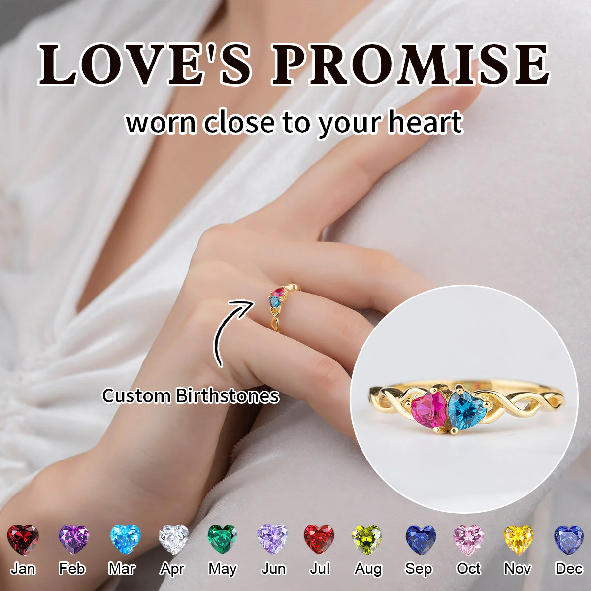 Engagement Gift - Personalized Double Heart Birthstone Promise Ring - Image 2