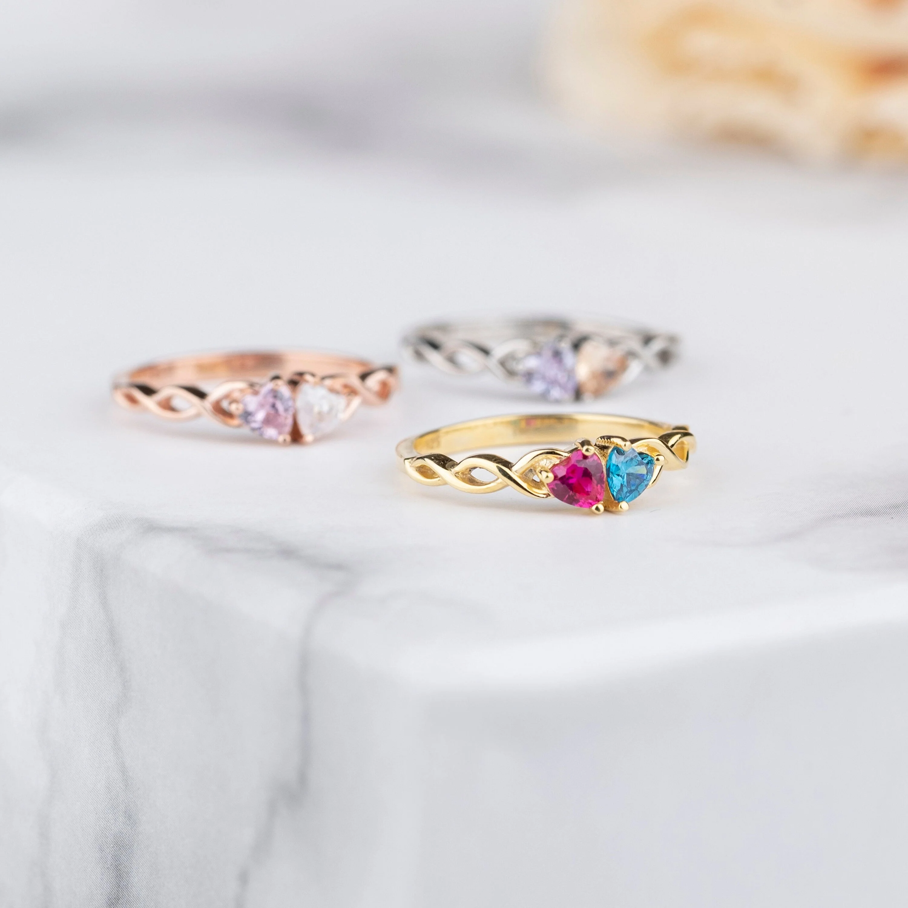 Engagement Gift - Personalized Double Heart Birthstone Promise Ring - Image 3