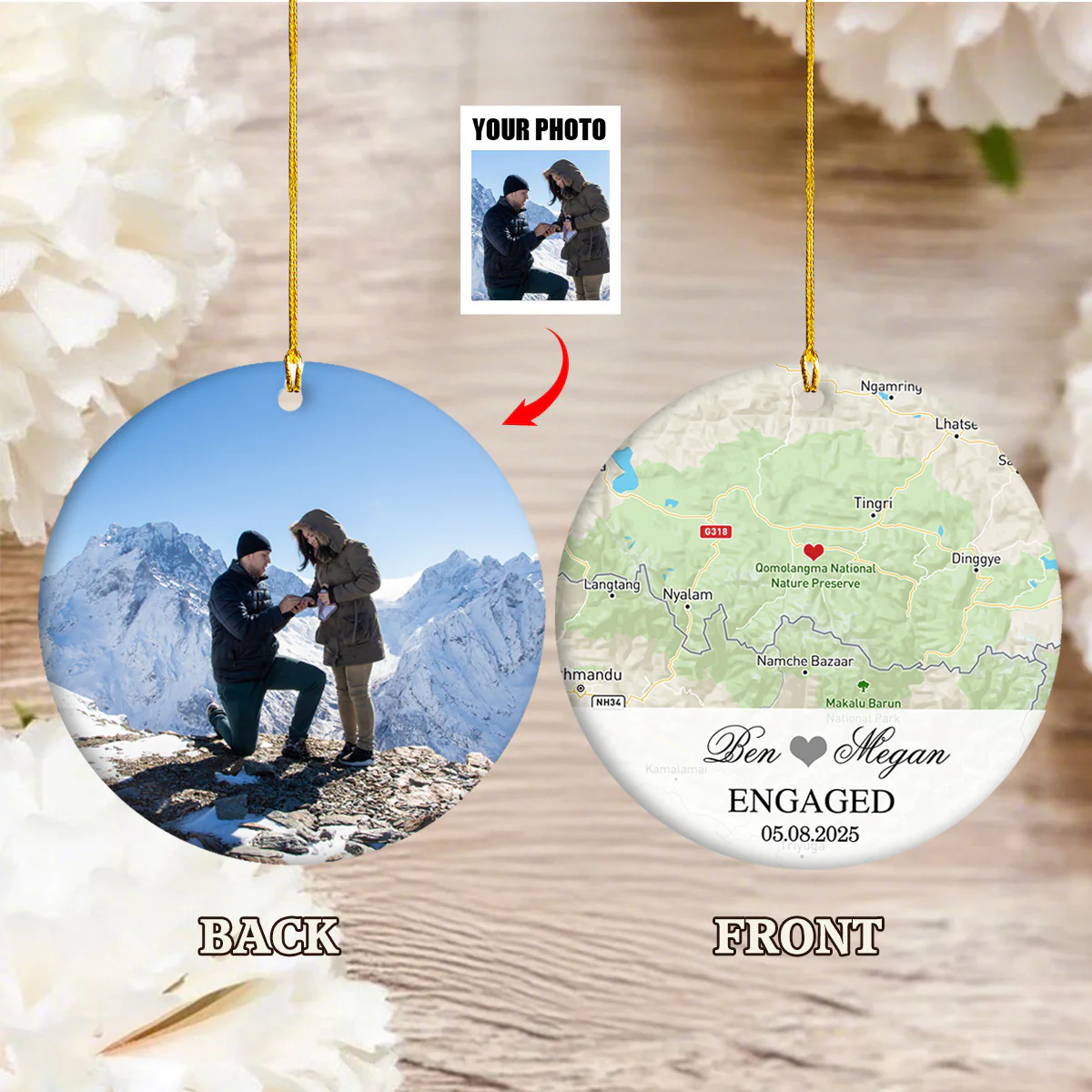 Engagement Ornament - Custom Map & Photo Gift Ceramic Ornament - Image 2