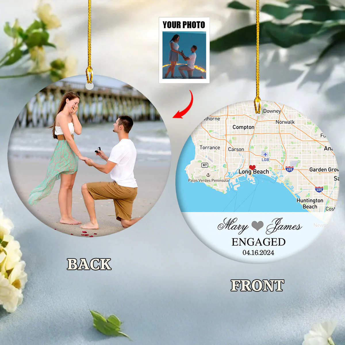 Engagement Ornament - Custom Map & Photo Gift Ceramic Ornament - Image 3