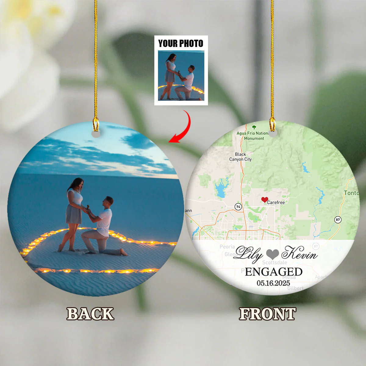 Engagement Ornament - Custom Map & Photo Gift Ceramic Ornament - Image 4
