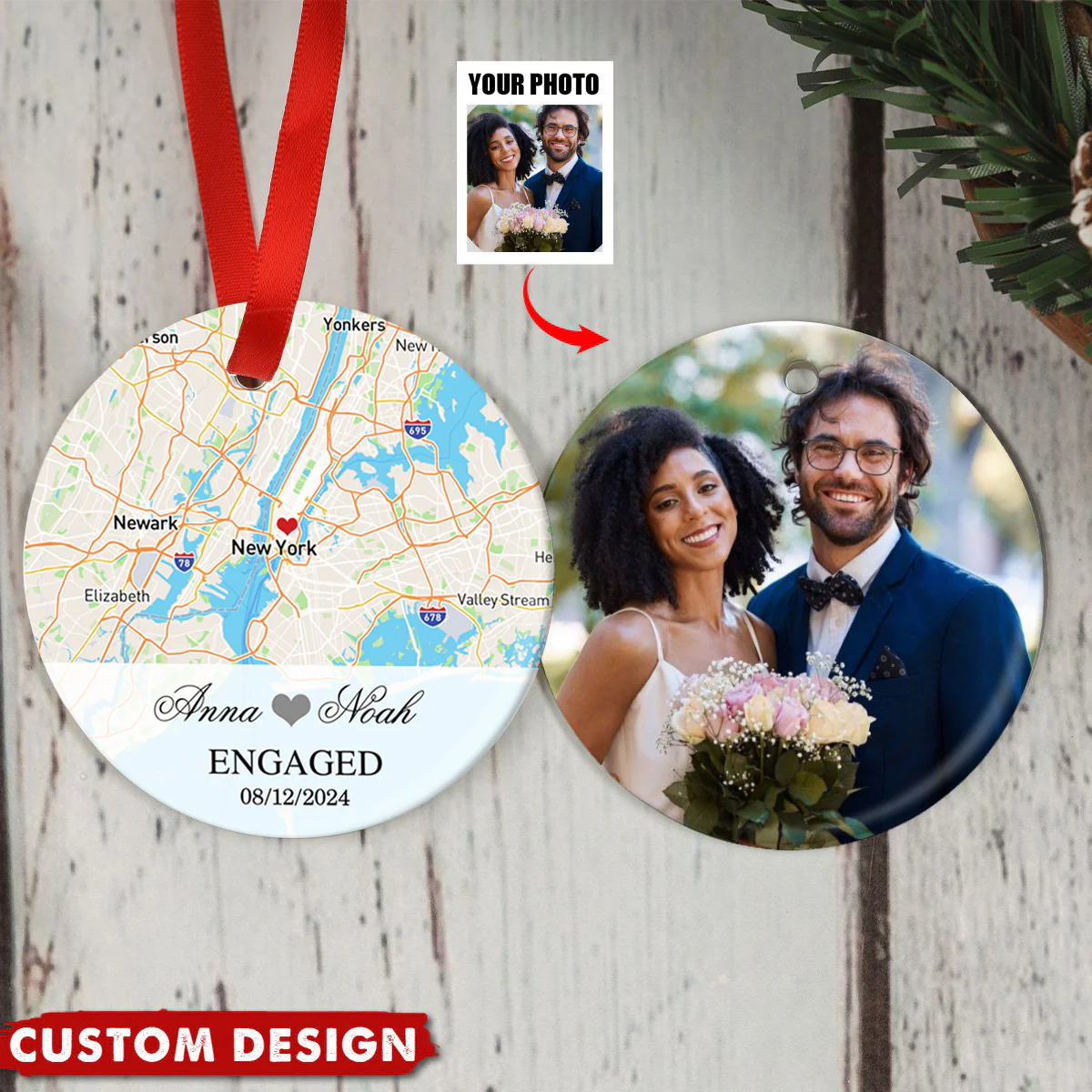 Engagement Ornament - Custom Map & Photo Gift Ceramic Ornament - Image 5