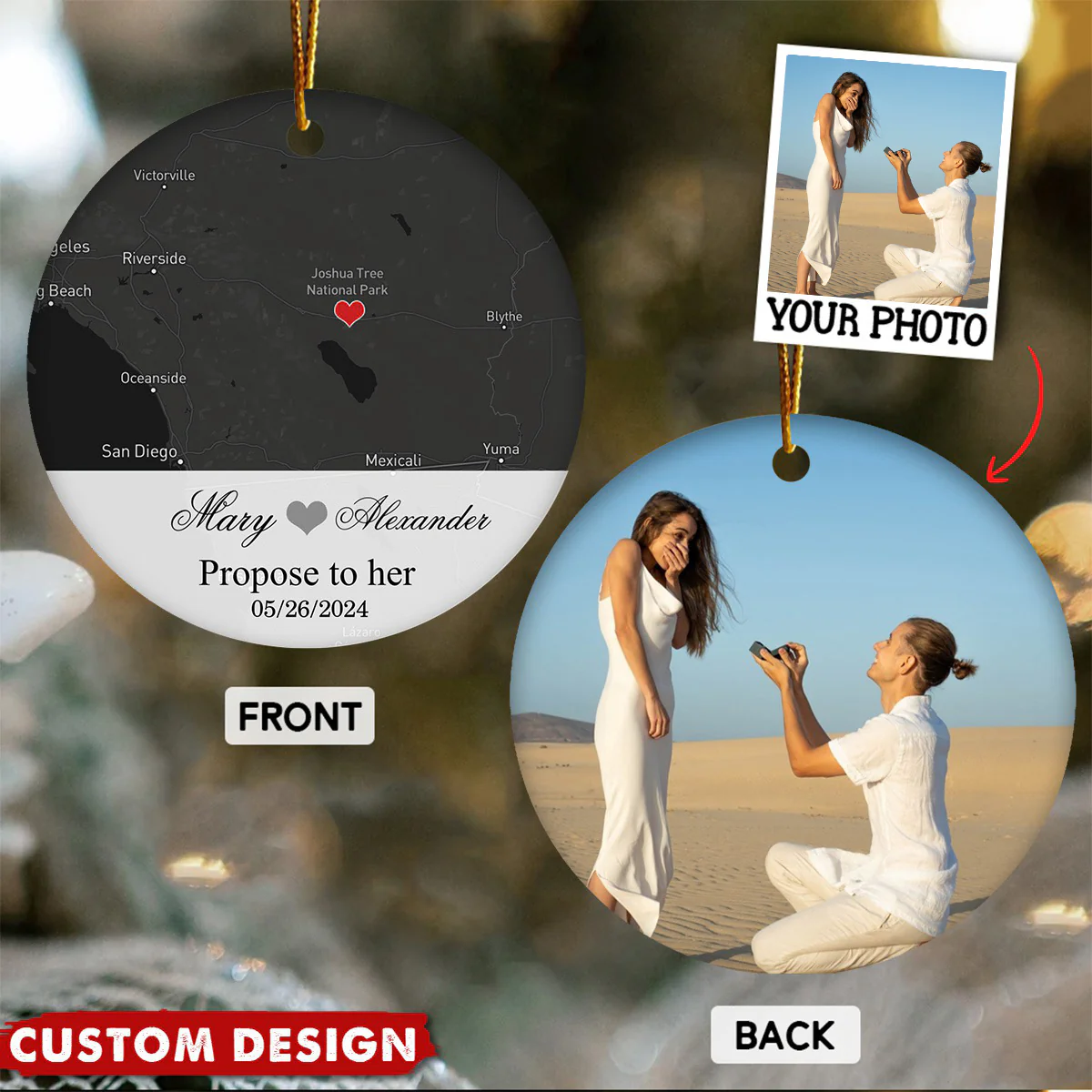 Engagement Ornament - Custom Map & Photo Gift Ceramic Ornament - Image 6