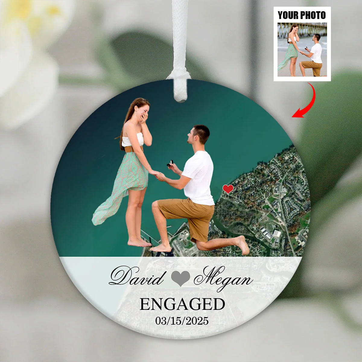 Engagement Ornament - Custom Map & Photo Gift Ceramic Ornament for Couple - Image 2