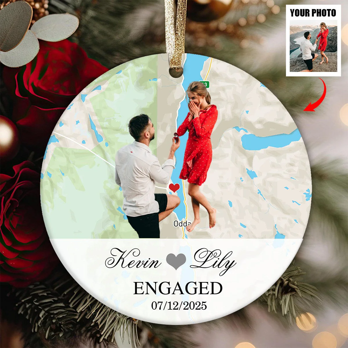 Engagement Ornament - Custom Map & Photo Gift Ceramic Ornament for Couple - Image 4