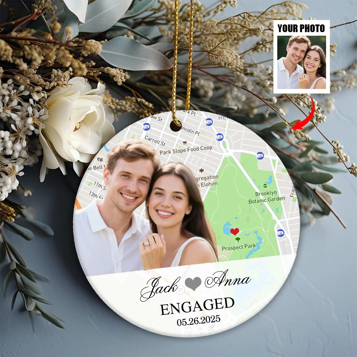 Engagement Ornament - Custom Map & Photo Gift Ceramic Ornament for Couple - Image 5