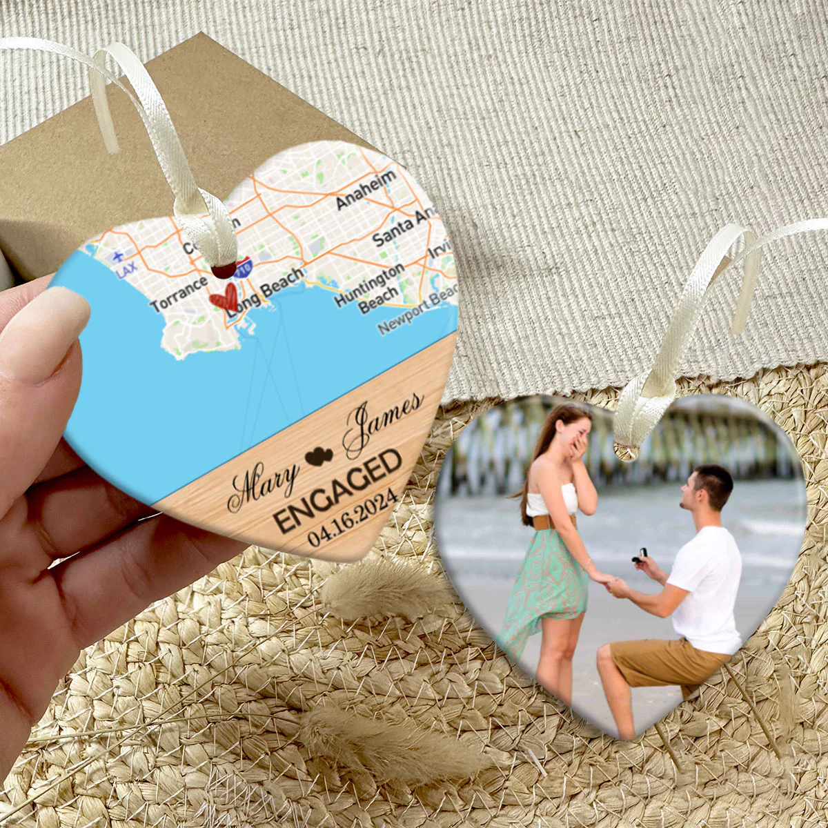 Engagement Ornament - Custom Map & Photo Gift Heart-shaped Ceramic Ornament