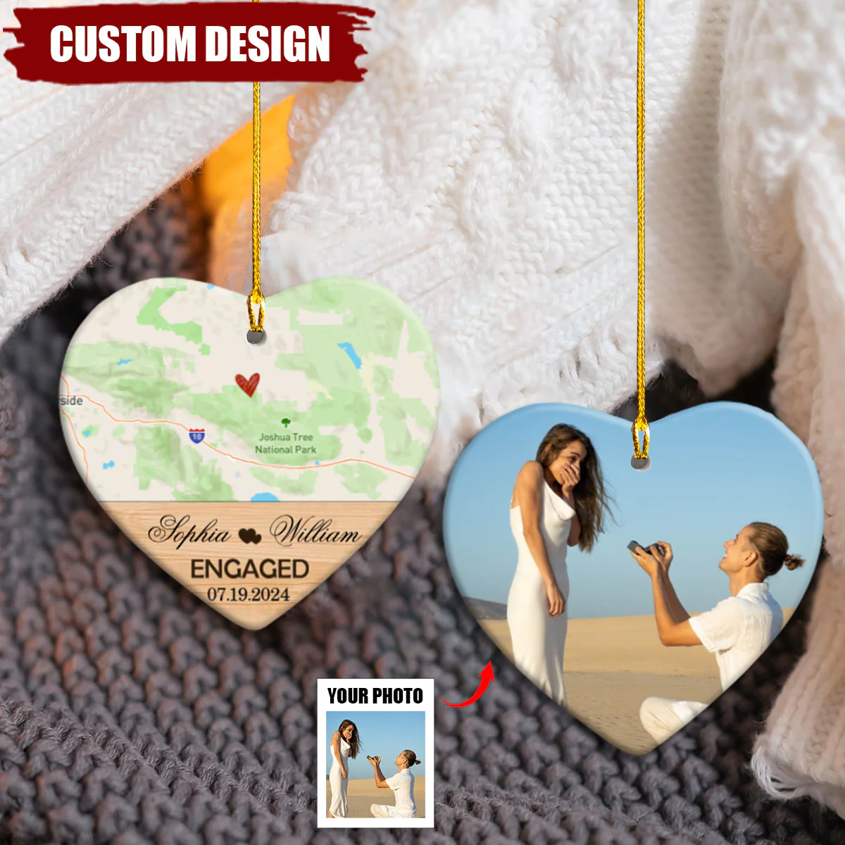 Engagement Ornament - Custom Map & Photo Gift Heart-shaped Ceramic Ornament - Image 2