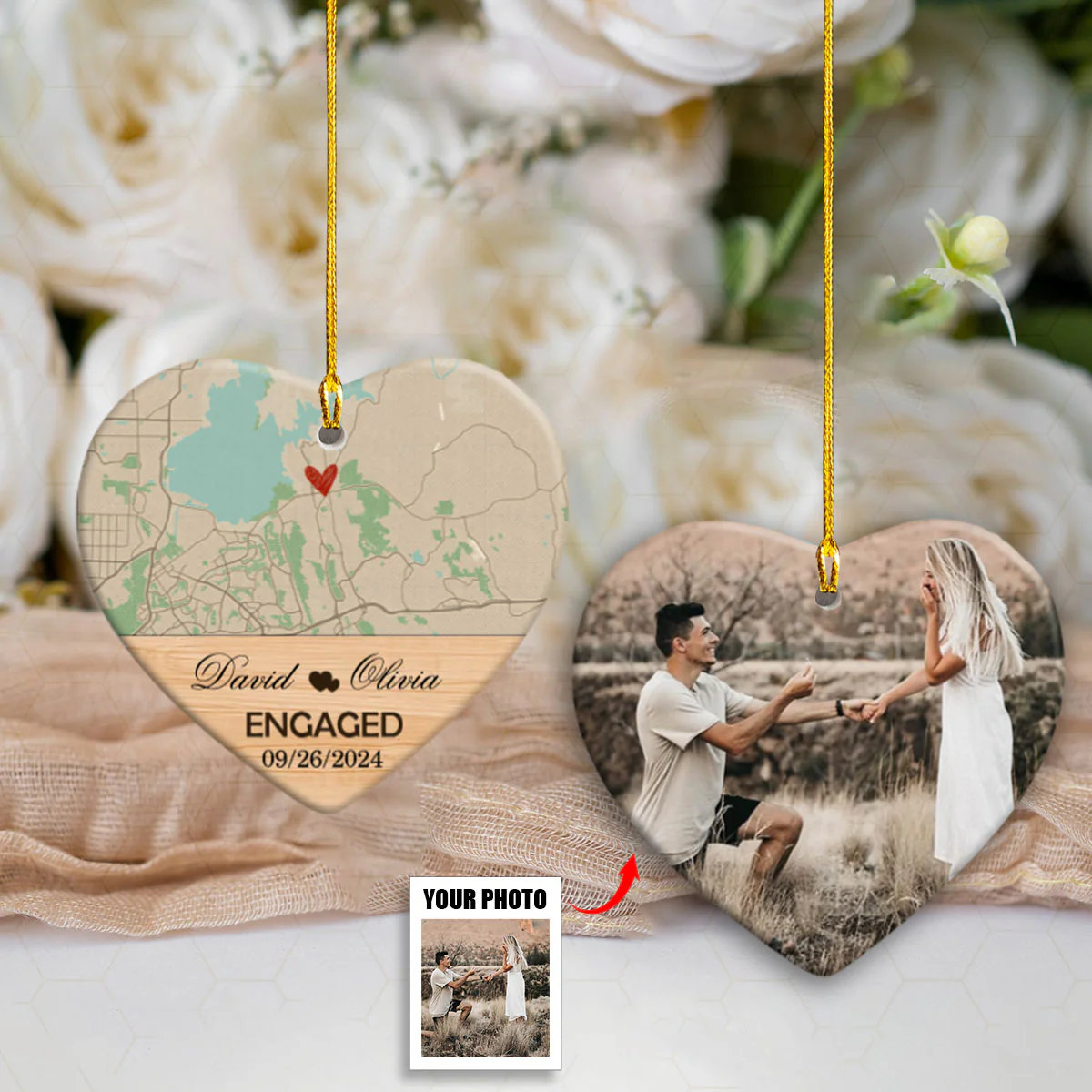 Engagement Ornament - Custom Map & Photo Gift Heart-shaped Ceramic Ornament - Image 3