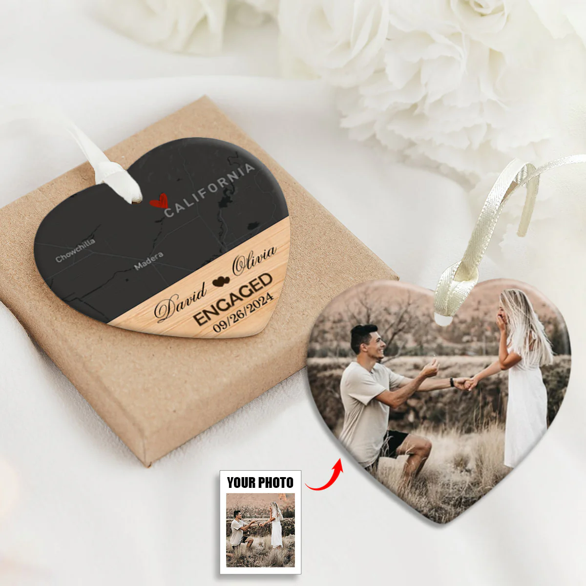 Engagement Ornament - Custom Map & Photo Gift Heart-shaped Ceramic Ornament - Image 4