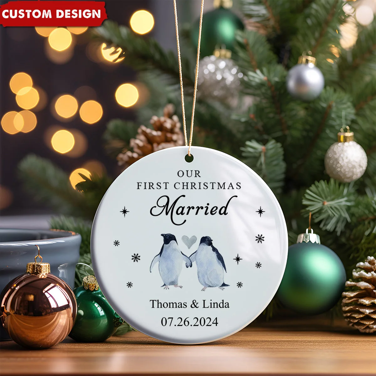 Engagement Ornament Gift - First Christmas Engaged Bauble, Penguin Custom Name Ceramic Ornament - Image 2